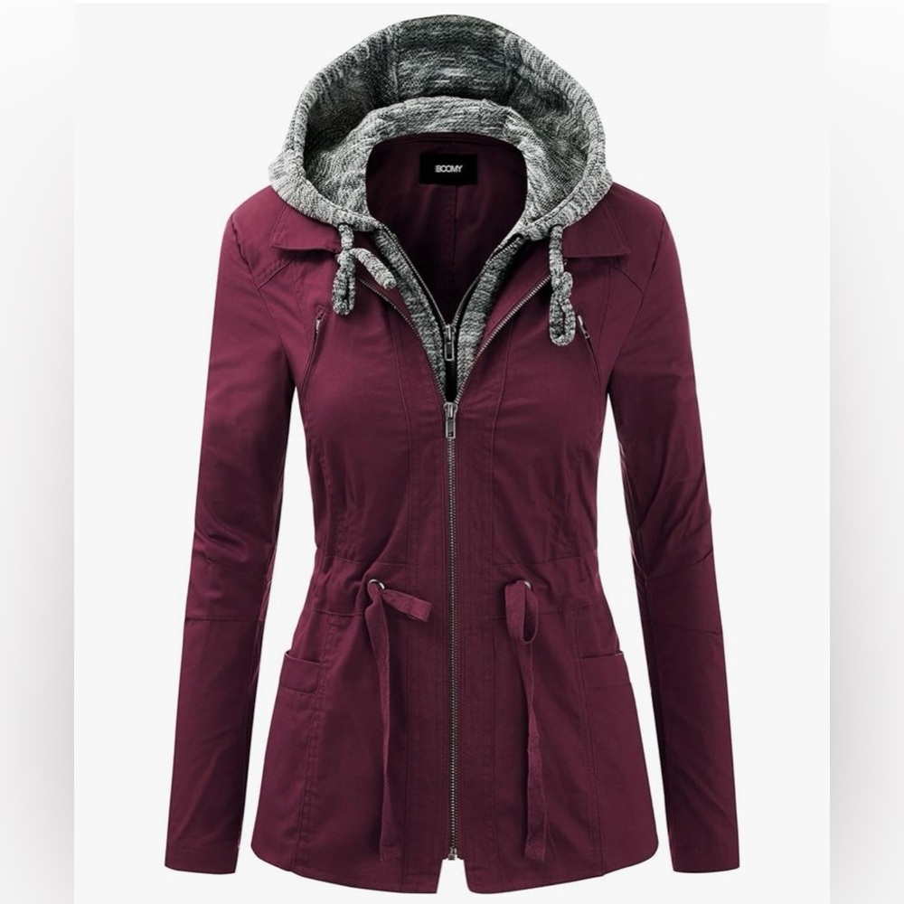 Love Tree Burgundy Utility Jacket with Gray Hood